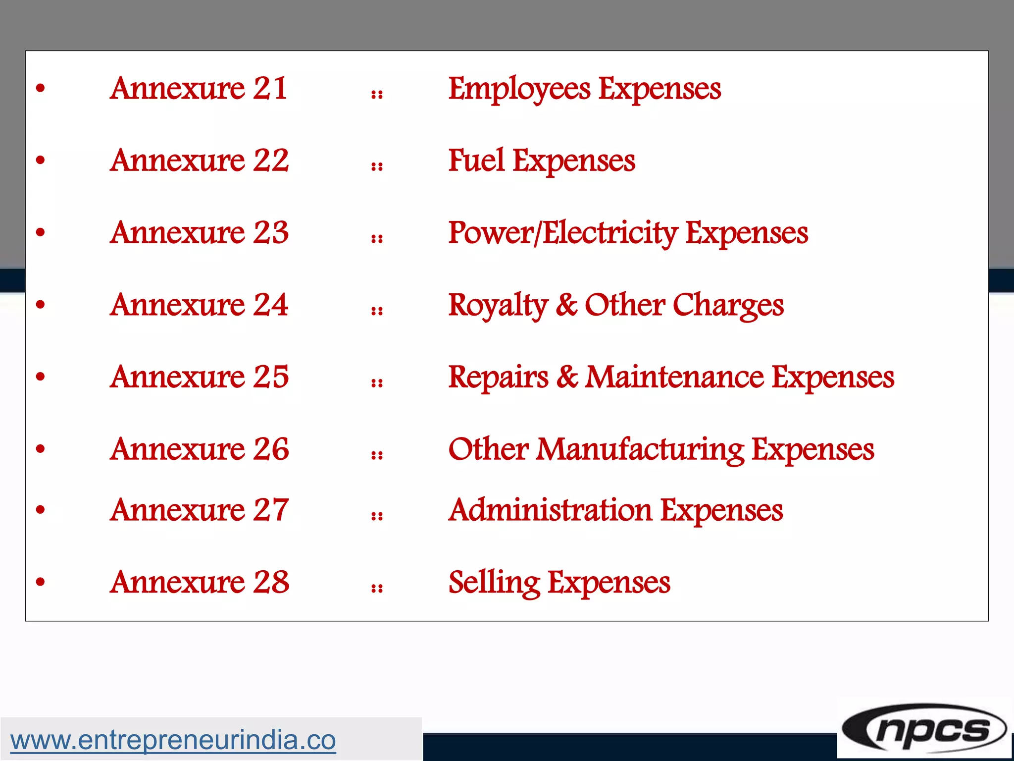 • Annexure 21 :: Employees Expenses
• Annexure 22 :: Fuel Expenses
• Annexure 23 :: Power/Electricity Expenses
• Annexure 24 :: Royalty & Other Charges
• Annexure 25 :: Repairs & Maintenance Expenses
• Annexure 26 :: Other Manufacturing Expenses
• Annexure 27 :: Administration Expenses
• Annexure 28 :: Selling Expenses
www.entrepreneurindia.co
 