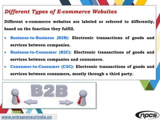 www.entrepreneurindia.co
Different Types of E-commerce Websites
Different e-commerce websites are labeled or referred to differently,
based on the function they fulfill.
 Business-to-Business (B2B): Electronic transactions of goods and
services between companies.
 Business-to-Consumer (B2C): Electronic transactions of goods and
services between companies and consumers.
 Consumer-to-Consumer (C2C): Electronic transactions of goods and
services between consumers, mostly through a third party.
 