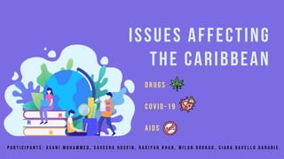 ISSUES AFFECTING
THE CARIBBEAN
Drugs
COVID -1 9
AIDS
P A R T I C I P A N T S : A v a n i m o h a m m e d , S a v e e r a h o s e i n , R a d i y a h k h a n , m i l a n d o o k o o , C i a r a R a v e l l o d a r a b i e
 