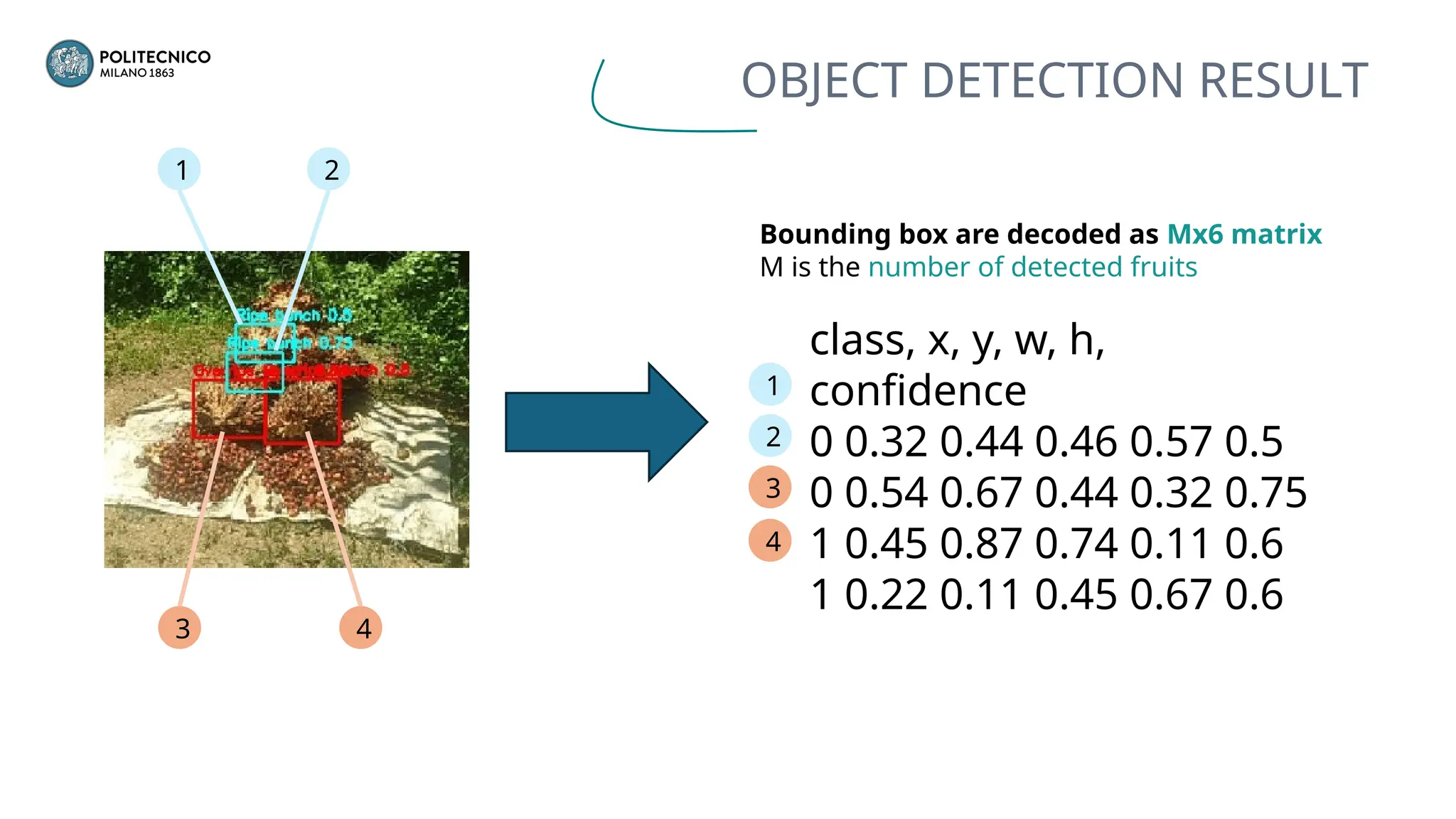 Bounding box are decoded as Mx6 matrix
M is the number of detected fruits
1 2
3 4
class, x, y, w, h,
confidence
0 0.32 0.44 0.46 0.57 0.5
0 0.54 0.67 0.44 0.32 0.75
1 0.45 0.87 0.74 0.11 0.6
1 0.22 0.11 0.45 0.67 0.6
1
2
3
4
OBJECT DETECTION RESULT
 
