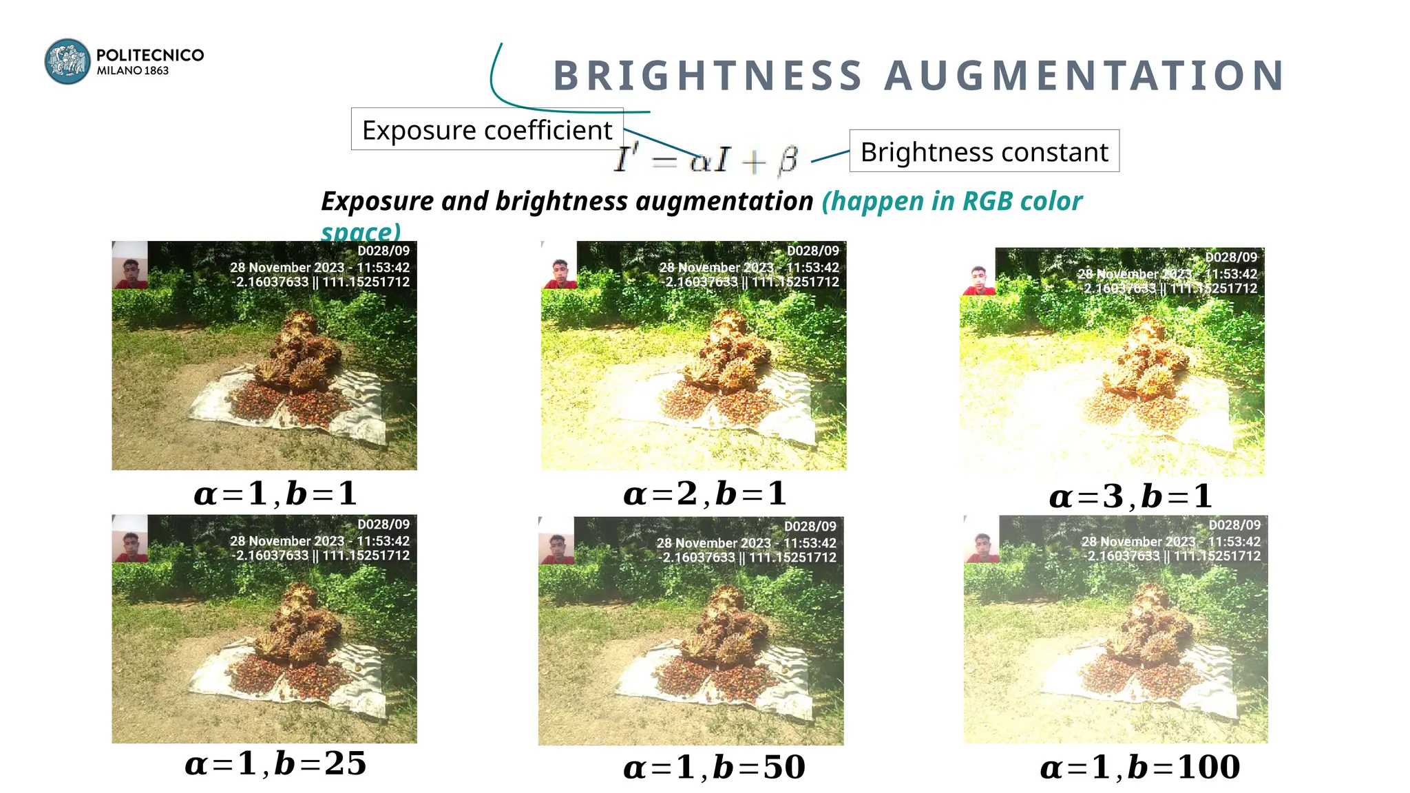 Exposure and brightness augmentation (happen in RGB color
space)
𝜶=𝟏,𝒃=𝟏 𝜶=𝟐,𝒃=𝟏 𝜶=𝟑,𝒃=𝟏
𝜶=𝟏,𝒃=𝟐𝟓 𝜶=𝟏,𝒃=𝟓𝟎 𝜶=𝟏,𝒃=𝟏𝟎𝟎
BRIGHTNESS AUGMENTATION
Brightness constant
Exposure coefficient
 