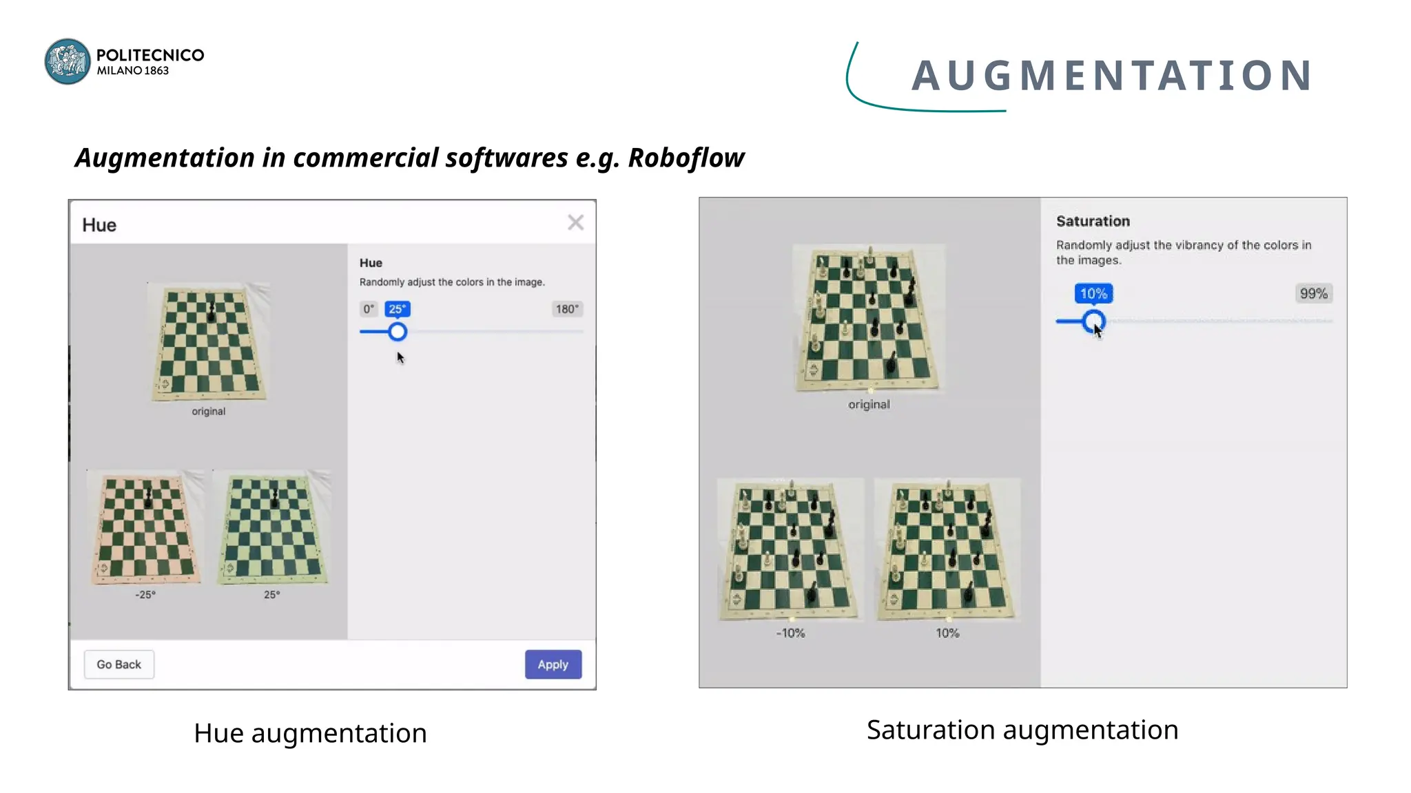 Hue augmentation Saturation augmentation
Augmentation in commercial softwares e.g. Roboflow
AUGMENTATION
 