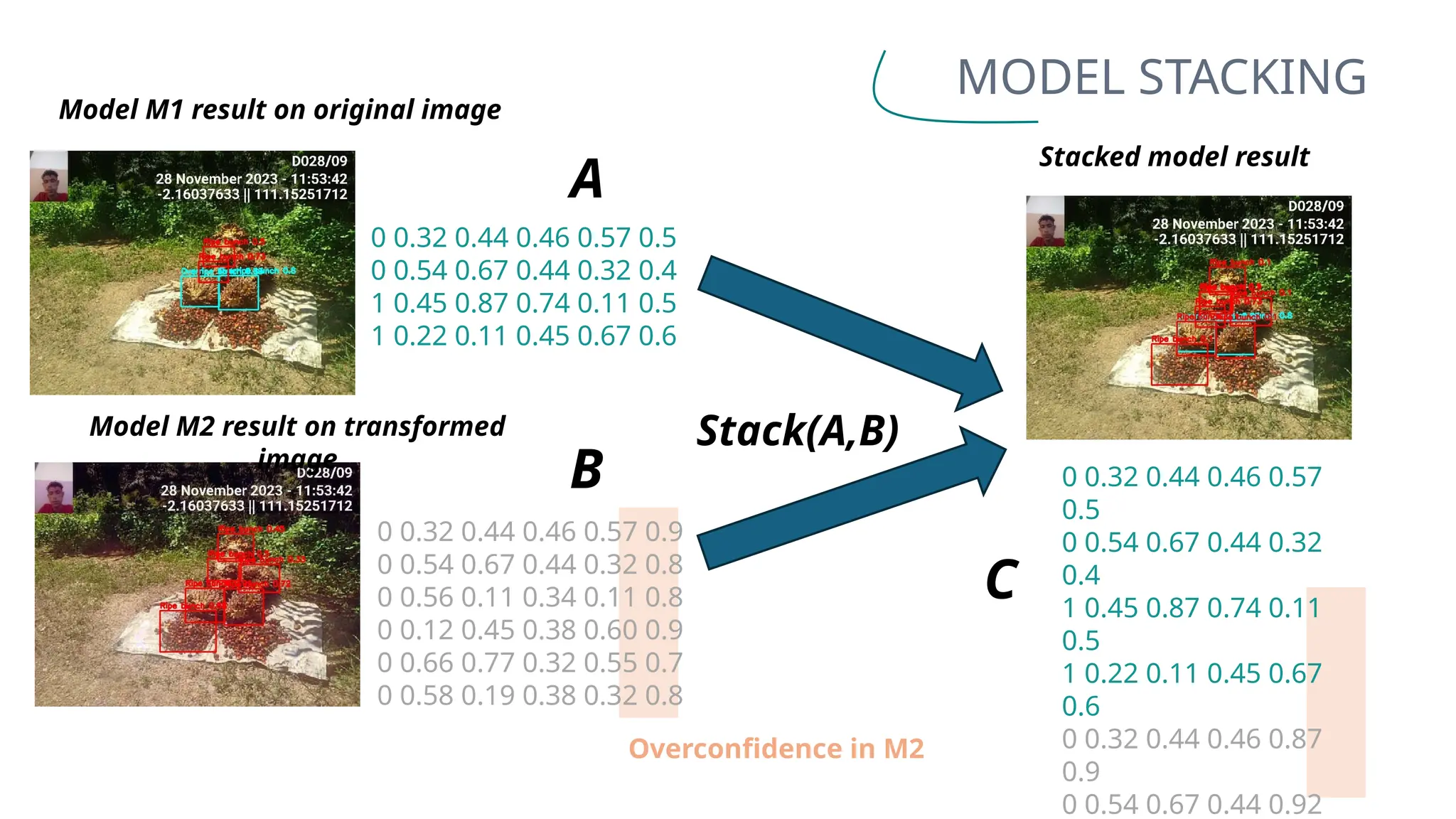 0 0.32 0.44 0.46 0.57
0.5
0 0.54 0.67 0.44 0.32
0.4
1 0.45 0.87 0.74 0.11
0.5
1 0.22 0.11 0.45 0.67
0.6
0 0.32 0.44 0.46 0.87
0.9
0 0.54 0.67 0.44 0.92
0 0.32 0.44 0.46 0.57 0.9
0 0.54 0.67 0.44 0.32 0.8
0 0.56 0.11 0.34 0.11 0.8
0 0.12 0.45 0.38 0.60 0.9
0 0.66 0.77 0.32 0.55 0.7
0 0.58 0.19 0.38 0.32 0.8
0 0.32 0.44 0.46 0.57 0.5
0 0.54 0.67 0.44 0.32 0.4
1 0.45 0.87 0.74 0.11 0.5
1 0.22 0.11 0.45 0.67 0.6
MODEL STACKING
Model M1 result on original image
Model M2 result on transformed
image
Stacked model result
A
B
Stack(A,B)
C
Overconfidence in M2
 