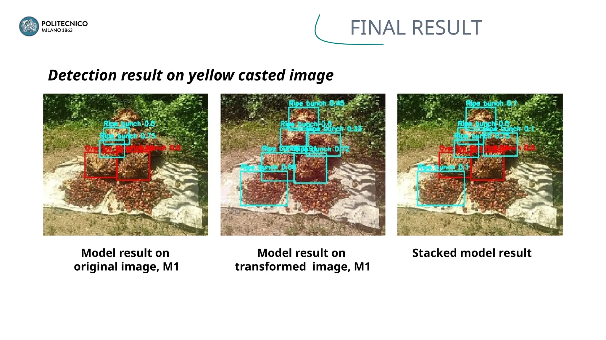 FINAL RESULT
Detection result on yellow casted image
Model result on
original image, M1
Model result on
transformed image, M1
Stacked model result
 