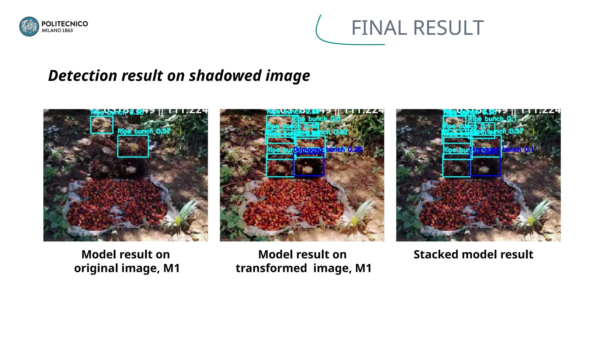 FINAL RESULT
Detection result on shadowed image
Model result on
original image, M1
Model result on
transformed image, M1
Stacked model result
 