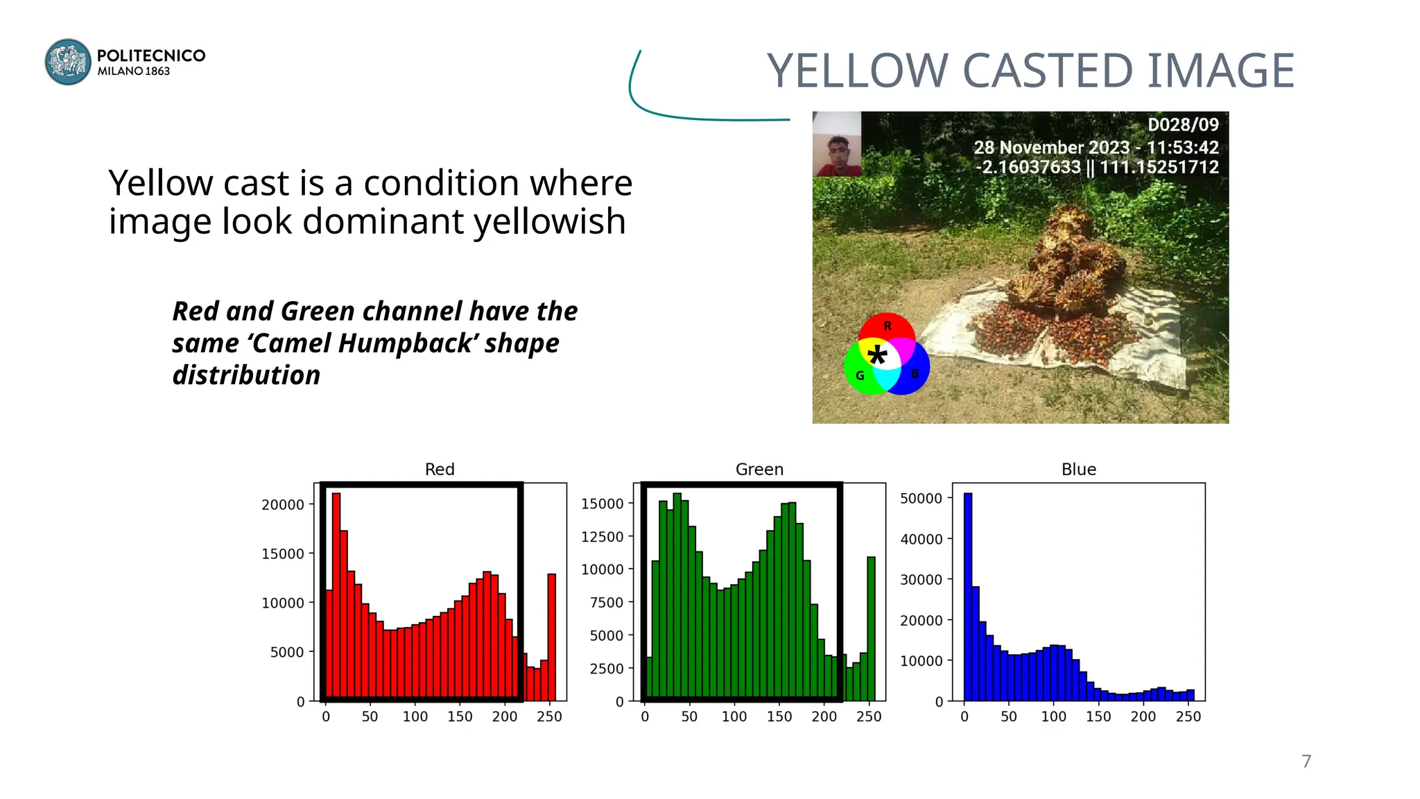 Yellow cast is a condition where
image look dominant yellowish
7
Red and Green channel have the
same ‘Camel Humpback’ shape
distribution *
YELLOW CASTED IMAGE
 