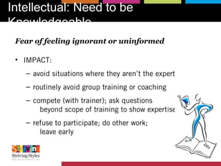 Intellectual: Need to be
Knowledgeable
Fear of feeling ignorant or uninformed
• IMPACT:
– avoid situations where they aren’t the expert
– routinely avoid group training or coaching
– compete (with trainer); ask questions
beyond scope of training to show expertise
– refuse to participate; do other work;
leave early
 