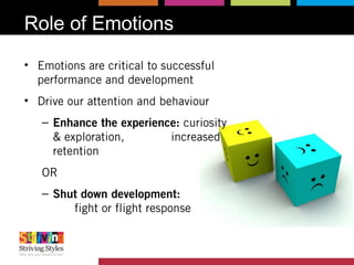 Role of Emotions
• Emotions are critical to successful
performance and development
• Drive our attention and behaviour
– Enhance the experience: curiosity
& exploration, increased
retention
OR
– Shut down development:
fight or flight response
 