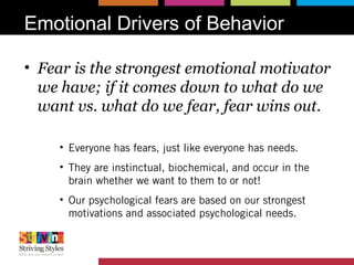 Emotional Drivers of Behavior
• Fear is the strongest emotional motivator
we have; if it comes down to what do we
want vs. what do we fear, fear wins out.
• Everyone has fears, just like everyone has needs.
• They are instinctual, biochemical, and occur in the
brain whether we want to them to or not!
• Our psychological fears are based on our strongest
motivations and associated psychological needs.
 