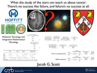 What the study of the stars can teach us about cancer:
There’s no success like failure, and failure’s no success at all.
Jacob G. Scott
Key Factors in the Metas
from Populatio
Christopher McFarland1*, Jacob Scott2,3,*, David Bas
1Harvard-MIT Division of Health Science & Technology, 2H. Lee Moffitt
Oncology, *contributed equally to this workoorly understood process that
aths
not explained by deterministic
the genomic level and use
explore this phenomenon
Res
Cells deriv
Metastatic
Three regi
metastasis
which only
We further
Feature of Model Observed Phenomenon
Population size determined
by fitness of cells
Larger Tumors more likely to
metastasize
Cells can acquire passenger
mutations that are slightly
deleterious
Many micrometastases never
grown to macroscopic size
Cells with more mutations are
less likely to metastasize
Stromal environment reduces
efficacy of driver mutations
Certain stromal conditions
prohibit metastasis
Metastases with same
Key Factors in the Meta
from Populat
Christopher McFarland1*, Jacob Scott2,3,*, David B
1Harvard-MIT Division of Health Science & Technology, 2H. Lee Mo
Oncology, *contributed equally to this work
Background:
Metastasis is a highly lethal and poorly understood process that
accounts for the majority cancer deaths
Patterns of metastatic spread are not explained by deterministic
explain these patterns
We develop a stochastic model at the genomic level and use
population genetics techniques to explore this phenomenon
R
Cells
Meta
Three
metas
which
We fu
Feature of Model Observed Phenomenon
Population size determined
by fitness of cells
Larger Tumors more likely to
metastasize
Cells can acquire passenger
mutations that are slightly
deleterious
Many micrometastases never
grown to macroscopic size
Cells with more mutations are
less likely to metastasize
Stromal environment reduces
efficacy of driver mutations
Certain stromal conditions
prohibit metastasis
Radiation Oncology and
Integrative Mathematical
Oncology
further, the stem compartment can diﬀerentiate at a rate β. Each population als
growth (r) and death (d) rate, proportional to their population.
FIG. 3: To capture the behavior of a putative compartment system in which there is only e
from the stem compartment into the TAC compartment, death and growth in both, but
by a common carrying capacity.
We therefore write a system of ODEs as:
Stem compartment :
dN0
dt
=
growth
  
r0N0(1 −
N
K
) −
diﬀerentiation
  
β0N0 −
death

d0N0
Diﬀerentiated :
dN1
dt
=
growth
  
r1N1(1 −
N
K
) +
diﬀerentiation
  
β0N0 −
death

d1N1
Where:
Phys. Biol. 8 (2011) 015016 D Basanta et al
Table 1. The four phenotypes in the game are autonomous growth
(AG), invasive (INV), glycolytic (GLY) and invasive glycolytic
(INV-GLY). The base payoff in a given interaction is r and the cost
of moving to another location with respect to the base payoff is c.
The ﬁtness cost of acidity is n and k is the ﬁtness cost of having a
less efﬁcient glycolytic metabolism. The beneﬁts from having
access to the vasculature as a result of angiogenesis are reﬂected by
the parameter α.
AG INV GLY INV-GLY
AG 1
2
+ α
2
1 1
2
− n + α 1
2
− n + α
INV 1 − c 1 − c
2
1 − c
3
1 − c
3
GLY 1
2
− k + n + α 1 − k + α
2
1
2
− k + α
4
1 − k + α
2
INV-GLY 1
2
− k + n + α 1 − k + α
2
1 − c
3
− k + α
2
1 − k − c
6
+ α
2
Table 2. List of variables used by the model.
Value Affected phenotypes Meaning
c INV, INV-GLY Cost of motility
k GLY, INV-GLY Cost having a glycolytic metabolism
n AG, INV Cost of living in an acid
microenvironment
to leaky or otherwise defective vascularization [9]. This is
shown in the table by the fact that AG cells interacting with
other AG cells (assumed to produce only moderate amounts of
HIF-1α) receive a beneﬁt of α
2
from the moderate angiogenic
vasculature. On the other hand, AG cells interacting with
GLY cells produce, in combination, an optimal amount of
HIF-1α and obtain in return the total beneﬁt derived from
functioning vascularity (α). Finally, as IDH-1 mutant GLY
cells proliferate producing excessive amounts of HIF-1α, the
beneﬁt of angiogenesis is a reduced α
4
, consistent with the
angiogenic vasculature being leaky and inefﬁcient in this case.
Another notable difference with the previous model is that
the cost of motility is assumed to be smaller in the presence of
acid-producing glycolytic phenotypes. This is represented by
a cost of motility c
3
and represents the acid-mediated invasion
[21–23] of glioma cells throughout the brain, particularly along
the myelinated neuronal axons in the white matter of the brain
along which glioma cells are known to quickly invade [24, 25].
This reduced cost of motility also quantiﬁes and models the
generally invasive characteristics of gliomas which are well
known for their diffuse invasion that has been quantiﬁed in
In one dimension, this becomes:
∂
∂x


D
∂c
∂x
+ χc
∂a
∂x


 = Dc
∂2
c
∂x2
− cχ(a)
∂2
a
∂x2
− χ
∂c
∂x
∂a
∂x
(2.18)
Additionally, we must consider the creation and dispersal of this chemoattractant, a. To do this, we assume
Fickian diﬀusion as for the cells in the initial model as per 2.8, and a creation term that is linearly related
to the death of the cells by a coeﬃcient, ω. Further, we introduce a consumption term, the rate at which
the chemoattractant is consumed by the cells, linearly related to the number of cells by a coeﬃcient, µ.
Therefore, we can write down a full model for both the cellular concentration, as derived above, and for the
chemoattractant, a, thus:
rate of change of
glioma cell concentration

∂c
∂t
=
net dispersal
of glioma cells
  
∇ · (Dc∇c) +
net growth
of glioma cells
  
ρc(1 −
c
K
) −
chemotaxis
of glioma cells
  
∇ · (cχ(a)∇a) −
death
of glioma cells

λc , (2.19)
rate of change of
chemotactic factor

∂a
∂t
=
net dispersal of
chemotactic factor
  
∇ · (Da∇a) +
creation of
chemotactic factor

λcω −
consumption of
chemotactic factor

µca . (2.20)
And again in 1-dimension:
∂c
∂t
= D
∂2
c
∂x2
− cχ(a)
∂2
a
∂x2
− χ
∂c
∂x
∂a
∂x
+ c(1 −
c
Kc
) − λc, (2.21)
∂a
∂t
= Da
∂2
a
∂x2
+ λcωa − µca. (2.22)
While the death term has remained a constant, λ, times the population, this addition does little to eﬀect the
overall dynamics. Only with very large parameter changes, likely large enough to be physically unrealistic,
?
 