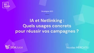 IA et Netlinking :
Quels usages concrets
pour réussir vos campagnes ?
Stratégies SEO
Nicolas MERCATILI
 