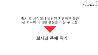 출시 후 시장에서 발견된 치명적인 불량
은 회사에 막대한 손실을 끼칠 수 있음
회사의 존폐 위기
 