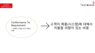 Quality
Definition ①
Conformance To
Requirement
- 명확히 규정된 요구사항과
부합
고객이 제품(시스템)에 대해서
지불할 의향이 있는 비용
 
