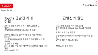 Case2
Toyota Recall
Toyota 급발진 사태
정리
2007년 오클라호마 주에서 캠리(2005년 모
델)가
급발진하여 운전자와 동승자 2명 사망
2009년 8월 28일 일가족 네 명을 태운 렉서스
ES350이
125마일(195KM/H)의 속도로 가드레일을 넘어 추
락하여
일가족 모두 사망
2014년 3월 19일 미국 법무부와 도요타는 벌금 12억
달러
(1조 2880억) 합의
급발진의 원인
ETCS(전자 스로틀 제어 시스템)에
스택 오버플로우(Stack Overflow)를 막기위
한
메모리 보호기능 미탑재
순환복잡도(Cyclomatic Complecxity) 측정 결
과,
67개의 함수가 테스트 불능
‘MISRA-C’ 준수 미비
 