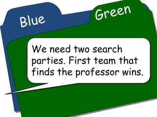 We need two search
parties. First team that
finds the professor wins.
 