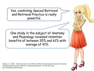 Yes, combining Spaced Retrieval
and Retrieval Practice is really
powerful.
One study in the subject of Anatomy
and Physiology revealed retention
benefits of between 35% and 61% with
average of 41%.
Dobson, J. L. (2013) Retrieval practice is an efficient method of enhancing the retention of anatomy
and physiology information Advances in Physiology Education 37: 184–191, 2013;
doi:10.1152/advan.00174.2012
 