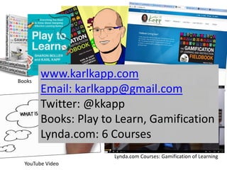 Lynda.com Courses: Gamification of Learning
YouTube Video
Web Site:www.karlkapp.com
Books
www.karlkapp.com
Email: karlkapp@gmail.com
Twitter: @kkapp
Books: Play to Learn, Gamification
Lynda.com: 6 Courses
 