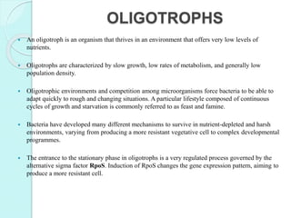 OLIGOTROPHS
 An oligotroph is an organism that thrives in an environment that offers very low levels of
nutrients.
 Oligotrophs are characterized by slow growth, low rates of metabolism, and generally low
population density.
 Oligotrophic environments and competition among microorganisms force bacteria to be able to
adapt quickly to rough and changing situations. A particular lifestyle composed of continuous
cycles of growth and starvation is commonly referred to as feast and famine.
 Bacteria have developed many different mechanisms to survive in nutrient-depleted and harsh
environments, varying from producing a more resistant vegetative cell to complex developmental
programmes.
 The entrance to the stationary phase in oligotrophs is a very regulated process governed by the
alternative sigma factor RpoS. Induction of RpoS changes the gene expression pattern, aiming to
produce a more resistant cell.
 