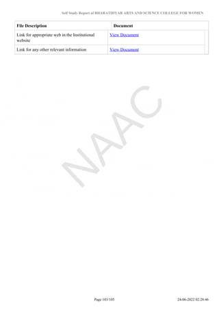 Self Study Report of BHARATHIYAR ARTS AND SCIENCE COLLEGE FOR WOMEN
File Description Document
Link for appropriate web in the Institutional
website
View Document
Link for any other relevant information View Document
Page 103/105 24-06-2022 02:28:46
 