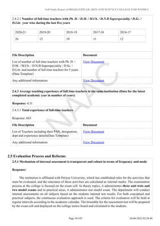 Self Study Report of BHARATHIYAR ARTS AND SCIENCE COLLEGE FOR WOMEN
2.4.2.1 Number of full time teachers with Ph. D. / D.M. / M.Ch. / D.N.B Superspeciality / D.Sc. /
D.Litt. year wise during the last five years
2020-21 2019-20 2018-19 2017-18 2016-17
26 12 10 11 12
File Description Document
List of number of full time teachers with Ph. D. /
D.M. / M.Ch. / D.N.B Superspeciality / D.Sc. /
D.Litt. and number of full time teachers for 5 years
(Data Template)
View Document
Any additional information View Document
2.4.3 Average teaching experience of full time teachers in the same institution (Data for the latest
completed academic year in number of years)
Response: 4.31
2.4.3.1 Total experience of full-time teachers
Response: 663
File Description Document
List of Teachers including their PAN, designation,
dept and experience details(Data Template)
View Document
Any additional information View Document
2.5 Evaluation Process and Reforms
2.5.1 Mechanism of internal assessment is transparent and robust in terms of frequency and mode
Response:
The institution is affiliated with Periyar University, which has established rules for the activities that
must be evaluated, and the outcomes of these activities are calculated as internal marks. The examination
process at the college is focused on the exam cell. In theory topics, it administrates three unit tests and
two model exams and in practical areas, it administrates one model exam. The department will conduct
internal assessments on all subjects based on the students internal test results. For both conceptual and
practical subjects, the continuous evaluation approach is used. The criteria for evaluation will be held at
regular intervals according to the academic calendar. The timetable for the assessment test will be prepared
by the exam cell and displayed on the college notice board and circulated to the students.
Page 38/105 24-06-2022 02:28:44
 
