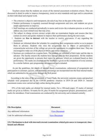 Self Study Report of BHARATHIYAR ARTS AND SCIENCE COLLEGE FOR WOMEN
Teachers ensure that the students are aware of the internal assessment evaluation criteria. They are
discussed in detail in order to improve transparency ,insist on strict standards and rigor and to concentrate
on their individual and original work.
The criterion is objective and transparent, devoid of any bias on the part of the teacher.
Student performance is regularly assessed through assignments and tests, and students are given
ample opportunities to improve.
Staff meetings are conducted periodically to assess and review the evaluation process as well as to
address any exam related issue that may arise.
The subject in charge reviews answer scripts after an examination begins and ensures that they
contain no errors and guides students to improve their performance during the next exam.
Students are free to interact with the teacher to resolve grievances, if any regarding the
assessment.
Students are informed about the schedule for completing their assignments earlier so as to prepare
them in advance. Students who miss the assignments due to illness or participation in
extracurricular activities of the college are given the opportunity to complete them later. They are
encouraged to make use of the physical library and online resources.
Seminars are conducted on a regular basis. The students are informed of their topic and the date in
advance. The faculty ensures the students have enough time for their preparation. All the students
are given the opportunity to present their topics in seminars, which are evaluated based on their
performance. The marks are awarded and the feedback is given on the completion of every seminar.
In a similar fashion, quiz programmes are organized and evaluated.
As per the guidelines, the results of internal theory examinations, submission of assignments and
participation in seminars, quizzes, and attendance percentage are incorporated into the final internal marks,
which are submitted to the university through the Web portal.
According to the rules of the government of Tamil Nadu, the university semester exams and practical
schedule were postponed due to the COVID pandemic situation in 2019–20 and 2020–21. Internal
assessment exams were carried out only online during this period.
25% of the total marks are allotted for internal marks. For a 100-mark paper, 25 marks of internal
marks are given as follows: 10 marks for IA, plus 10 marks for assignment (project, presentations), and 5
marks for attendance. Final examinations are conducted by the university and evaluated centrally.
File Description Document
Any additional information View Document
Link for additional information View Document
2.5.2 Mechanism to deal with internal/external examination related grievances is transparent, time-
bound and efficient
Page 39/105 24-06-2022 02:28:44
 
