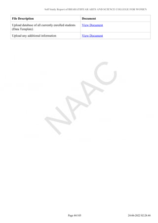 Self Study Report of BHARATHIYAR ARTS AND SCIENCE COLLEGE FOR WOMEN
File Description Document
Upload database of all currently enrolled students
(Data Template)
View Document
Upload any additional information View Document
Page 44/105 24-06-2022 02:28:44
 