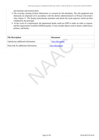 Self Study Report of BHARATHIYAR ARTS AND SCIENCE COLLEGE FOR WOMEN
and maintain and monitor them.
The everyday running of these laboratories is overseen by lab attendants. The old equipment and
chemicals are disposed of in accordance with the district administration's or Periyar University's
rules, Salem-11. The faculty meticulously maintains and checks the stock registers, which are then
validated by the principal.
In the event of a requirement, the department heads could use ERP to make an order or request,
and the requirements would be fulfilled quickly. It may include objects such as sheets, chalk boxes,
printers, and books.
File Description Document
Upload any additional information View Document
Paste link for additional information View Document
Page 63/105 24-06-2022 02:28:45
 