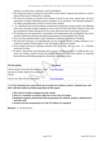 Self Study Report of BHARATHIYAR ARTS AND SCIENCE COLLEGE FOR WOMEN
initiatives on plastic bans, cleanliness, and Swachh Bharat.
The college has policies and practices that reflect its basic beliefs. Students and staff have a code of
behavior that must be followed by everybody.
The final year students are elected as the Students Council by the entire student body. We have
opportunity to display leadership qualities and duties at our institution. The Institution planned to
use badges and appreciation awards to motivate these students.
As a significant step toward instilling constitutional commitments among students, the affiliating
University curriculum includes mandatory courses such as Professional Ethics, Human Values and
the Constitution of India. During the last five years, there have been several major initiatives.
The Students have the opportunity to participate in the Independence Day and Republic Day events
and they exhibit their patriotism through the participation in State Republic Day Parade.
Every year the institution holds a huge celebration on Mahakavi Bharathiyar’s birthday.
The Farewell Ceremony is an important part of every outgoing student’s college experience, as it
symbolizes equality, Human dignity, Unity and integrity among the students.
Every student received an important memento from the college. This is a once - in - a-lifetime
experience for them.
In today’s materialistic and technology-driven society, instilling principles is a difficult task. As a
result, the College conducts Faculty Development Programmes that assist students in analyzing
their problems and finding appropriate solutions as responsible citizens.
File Description Document
Link for details of activities that inculcate values
necessary to render students in to responsible
citizens
View Document
Link for any other relevant information View Document
7.1.10 The Institution has a prescribed code of conduct for students, teachers, administrators and
other staff and conducts periodic programmes in this regard.
1.The Code of Conduct is displayed on the website
2.There is a committee to monitor adherence to the Code of Conduct
3.Institution organizes professional ethics programmes for students, teachers, administrators
and other staff
4.Annual awareness programmes on Code of Conduct are organized
Response: A. All of the above
Page 95/105 24-06-2022 02:28:46
 