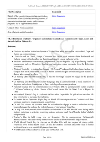 Self Study Report of BHARATHIYAR ARTS AND SCIENCE COLLEGE FOR WOMEN
File Description Document
Details of the monitoring committee composition
and minutes of the committee meeting number of
programmes organized reports on the various
programs etc in support of the claims
View Document
Code of ethics policy document View Document
Any other relevant information View Document
7.1.11 Institution celebrates / organizes national and international commemorative days, events and
festivals (within 500 words).
Response:
Students are united behind the banner of Nationalism when National or International Days and
Events are commemorated.
Festivals such as Diwali, Pongal, Christmas, and Onam teach students about Traditional and
Cultural values while also allowing them to acclimate to a more inclusive world.
Students exhibit their Patriotism on Independence Day and Republic Day by performing Patriotic
programmes such as Elocution, Singing, and recreating major moments from the Liberation
Movement.
National Youth Day is observed on January 12th. Swami Vivekanandha Ratham has arrived on our
campus from the Ramakrishna Mission in Salem and the disciples are reminding our students of
Swami Vivekananda`s values.
On January 25th National Voters Day is held to encourage students to engage in the political
process.
On February 21st International Mother Language Day is commemorated to raise awareness of
linguistic and cultural diversity and to foster multilingualism among students.
National Science Day is commemorated on February 28th to commemorate Indian scientist
C.V.Raman’s discovery of the “Raman effect” which earned him the Nobel Prize in Physics in
1930.
International Women`s Day is celebrated on March 8th. It provides the girls with a once-in-a life
time opportunity to showcase their abilities.
To honour World Consumer Rights Day on March 15th the department of Commerce will host
seminars, awareness programmes and an exhibition
On June 21st students are informed about the health benefits of yoga in order to maintain a healthy
balance between the soul and the body in honour of International Yoga Day.
On July 27th a two minutes silence is observed in honour of Dr.APJ Abdul Kalam, during which
students participate in activities promoting national unity and recall Dr.APJ Abdul Kalam`s beliefs
and principles.
Teacher`s Day is held every year on September 5th to commemorate Dr.Sarvepalli
Radhakrishnan`s birth anniversary and to honour teacher`s efforts to student empowerment.
World Mental Health Day is observed on October 10th with the purpose of raising public
awareness about mental health issues. On this day students can learn about the value of mental
health and how to treat mentally ill persons in society.
World Student’s Day is observed every year on October 15th.
Page 96/105 24-06-2022 02:28:46
 