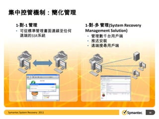 集中控管機制：簡化管理
      1-對-1 管理                  1-對-多 管理(System Recovery
      • 可從標準管理畫面連線至任何           Management Solution)
        遠端的SSR系統                • 管理數千台用戶端
                                • 推送安裝
                                • 遠端搜尋用戶端




Symantec System Recovery 2011                              16
 