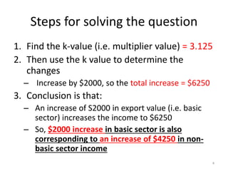Steps for solving the question
1. Find the k-value (i.e. multiplier value) = 3.125
2. Then use the k value to determine the
changes
– Increase by $2000, so the total increase = $6250
3. Conclusion is that:
– An increase of S2000 in export value (i.e. basic
sector) increases the income to $6250
– So, $2000 increase in basic sector is also
corresponding to an increase of $4250 in non-
basic sector income
4
 