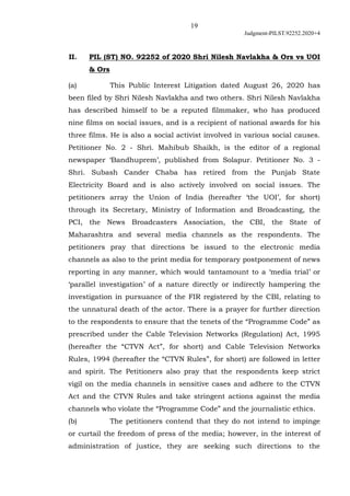 19
Judgment-PILST.92252.2020+4
II. PIL (ST) NO. 92252 of 2020 Shri Nilesh Navlakha & Ors vs UOI
& Ors
(a) This Public Inte...