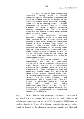 234
Judgment-PILST.92252.2020+4
7. That NBA has set up News Broadcasting
Standards Authority (NBSA) to consider
complaints...