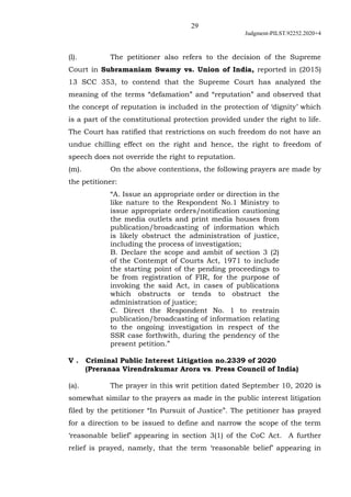 29
Judgment-PILST.92252.2020+4
(l). The petitioner also refers to the decision of the Supreme
Court in Subramaniam Swamy v...