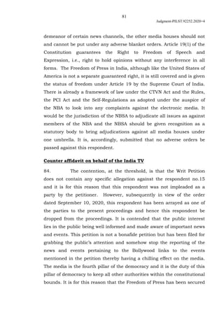 81
Judgment-PILST.92252.2020+4
demeanor of certain news channels, the other media houses should not
and cannot be put unde...