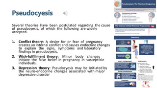 Several theories have been postulated regarding the cause
of pseudocyesis, of which the following are widely
accepted.
1. Conflict theory: A desire for or fear of pregnancy
creates an internal conflict and causes endocrine changes
to explain the signs, symptoms and laboratory
findings in pseudocyesis.
2. Wish-fulfillment theory: Minor body changes
initiate the false belief in pregnancy in susceptible
individuals.
3. Depression theory: Pseudocyesis may be initiated by
the neuro-endocrine changes associated with major
depressive disorder
 