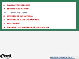 www.entrepreneurindia.co
11. MANUFACTURING PROCESS
12. PROCESS FLOW DIAGRAM
12.1. Process Flow Diagram
13. SUPPLIERS OF RAW MATERIAL
14. SUPPLIERS OF PLANT AND MACHINERY
15. PLANT LAYOUT
16. MACHINERY PHOTOGRAPHS WITH SPECIFICATION
 