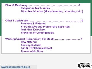 • Plant & Machinery……………………………………………..……..5
Indigenous Machineries
Other Machineries (Miscellaneous, Laboratory etc.)
• Other Fixed Assets………………………………………..........….......6
Furniture & Fixtures
Pre-operative and Preliminary Expenses
Technical Knowhow
Provision of Contingencies
• Working Capital Requirement Per Month……………………….…7
Raw Material
Packing Material
Lab & ETP Chemical Cost
Consumable Store
www.entrepreneurindia.co
 