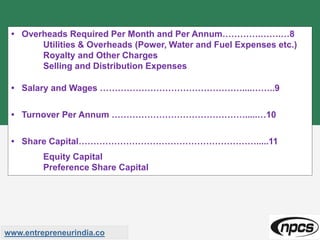 • Overheads Required Per Month and Per Annum………….…….…8
Utilities & Overheads (Power, Water and Fuel Expenses etc.)
Royalty and Other Charges
Selling and Distribution Expenses
• Salary and Wages …………………………………………....……..9
• Turnover Per Annum ……………………………………….....…10
• Share Capital…………………………………………………….....11
Equity Capital
Preference Share Capital
www.entrepreneurindia.co
 