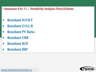 • Annexure 8 to 11 :: Sensitivity Analysis-Price/Volume
 Resultant N.P.B.T
 Resultant D.S.C.R
 Resultant PV Ratio
 Resultant DER
 Resultant ROI
 Resultant BEP
www.entrepreneurindia.co
 