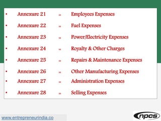 • Annexure 21 :: Employees Expenses
• Annexure 22 :: Fuel Expenses
• Annexure 23 :: Power/Electricity Expenses
• Annexure 24 :: Royalty & Other Charges
• Annexure 25 :: Repairs & Maintenance Expenses
• Annexure 26 :: Other Manufacturing Expenses
• Annexure 27 :: Administration Expenses
• Annexure 28 :: Selling Expenses
www.entrepreneurindia.co
 