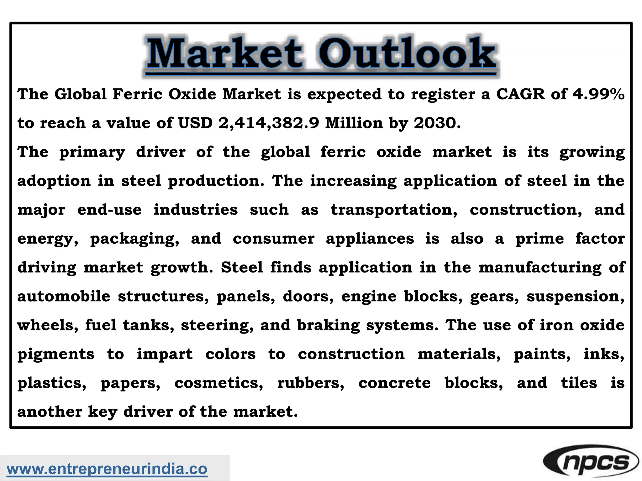 www.entrepreneurindia.co
The Global Ferric Oxide Market is expected to register a CAGR of 4.99%
to reach a value of USD 2,414,382.9 Million by 2030.
The primary driver of the global ferric oxide market is its growing
adoption in steel production. The increasing application of steel in the
major end-use industries such as transportation, construction, and
energy, packaging, and consumer appliances is also a prime factor
driving market growth. Steel finds application in the manufacturing of
automobile structures, panels, doors, engine blocks, gears, suspension,
wheels, fuel tanks, steering, and braking systems. The use of iron oxide
pigments to impart colors to construction materials, paints, inks,
plastics, papers, cosmetics, rubbers, concrete blocks, and tiles is
another key driver of the market.
 