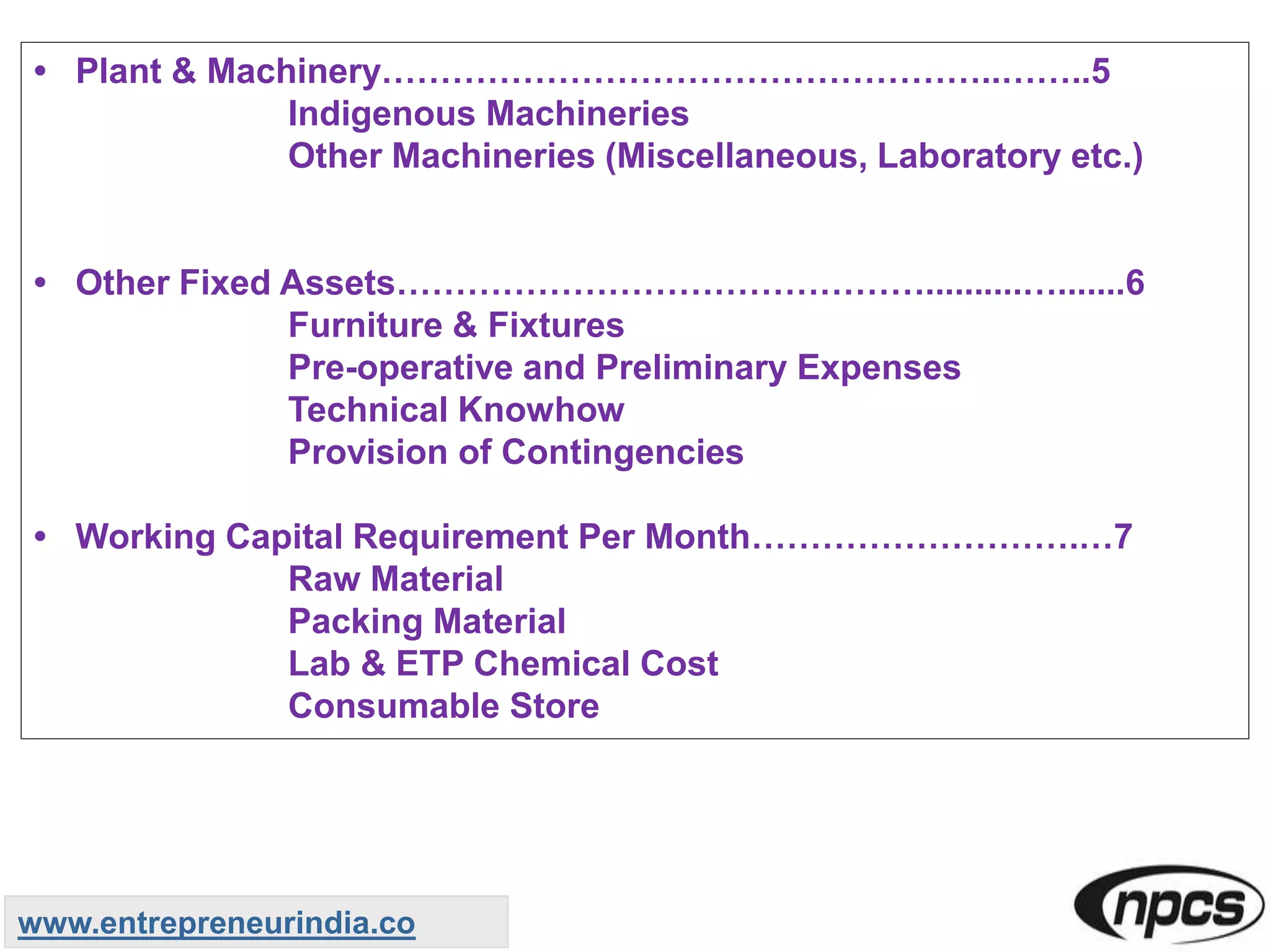 • Plant & Machinery……………………………………………..……..5
Indigenous Machineries
Other Machineries (Miscellaneous, Laboratory etc.)
• Other Fixed Assets………………………………………..........….......6
Furniture & Fixtures
Pre-operative and Preliminary Expenses
Technical Knowhow
Provision of Contingencies
• Working Capital Requirement Per Month……………………….…7
Raw Material
Packing Material
Lab & ETP Chemical Cost
Consumable Store
www.entrepreneurindia.co
 