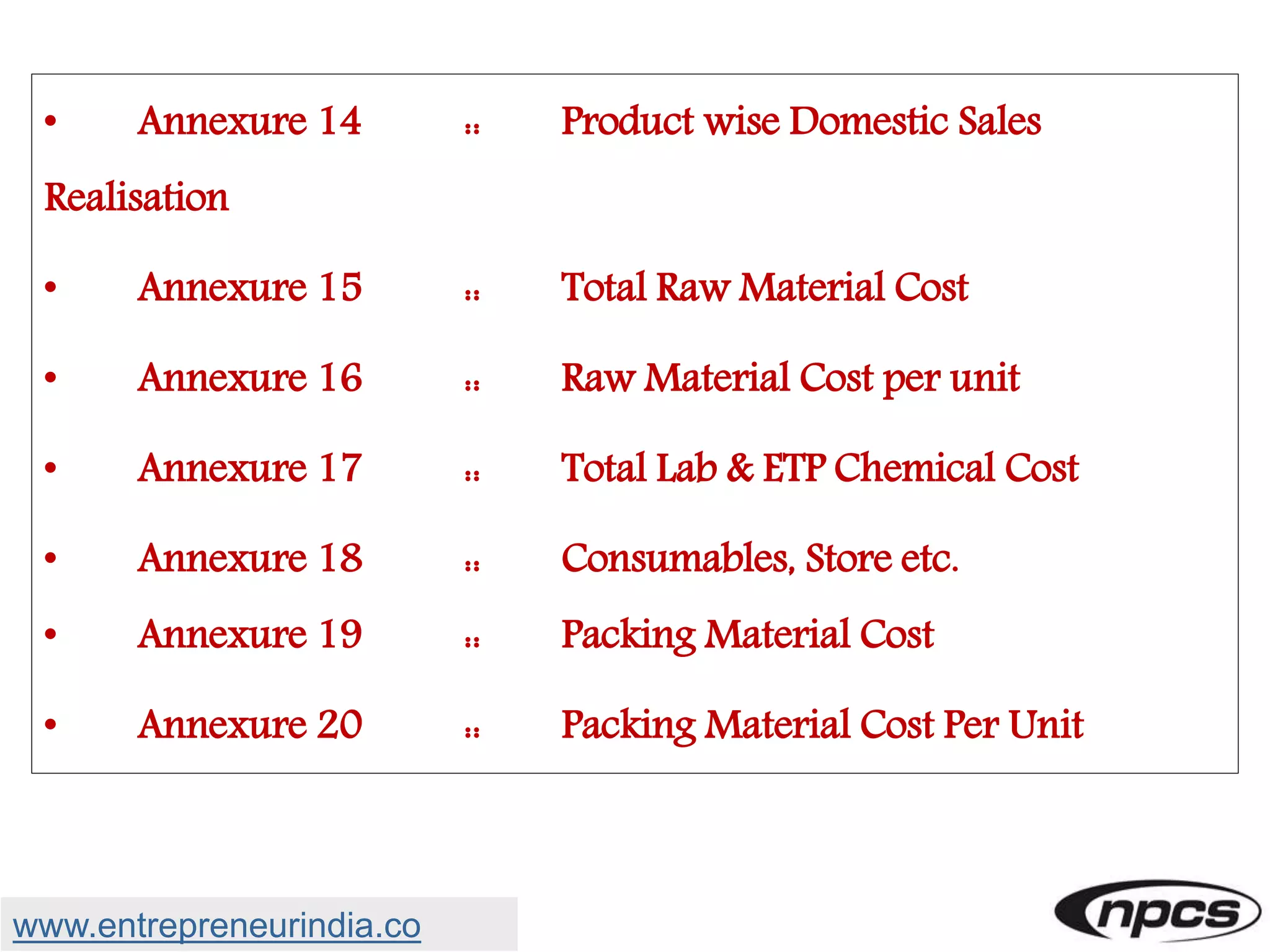 • Annexure 14 :: Product wise Domestic Sales
Realisation
• Annexure 15 :: Total Raw Material Cost
• Annexure 16 :: Raw Material Cost per unit
• Annexure 17 :: Total Lab & ETP Chemical Cost
• Annexure 18 :: Consumables, Store etc.
• Annexure 19 :: Packing Material Cost
• Annexure 20 :: Packing Material Cost Per Unit
www.entrepreneurindia.co
 
