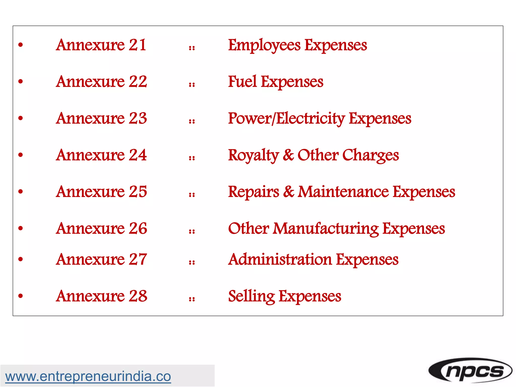• Annexure 21 :: Employees Expenses
• Annexure 22 :: Fuel Expenses
• Annexure 23 :: Power/Electricity Expenses
• Annexure 24 :: Royalty & Other Charges
• Annexure 25 :: Repairs & Maintenance Expenses
• Annexure 26 :: Other Manufacturing Expenses
• Annexure 27 :: Administration Expenses
• Annexure 28 :: Selling Expenses
www.entrepreneurindia.co
 