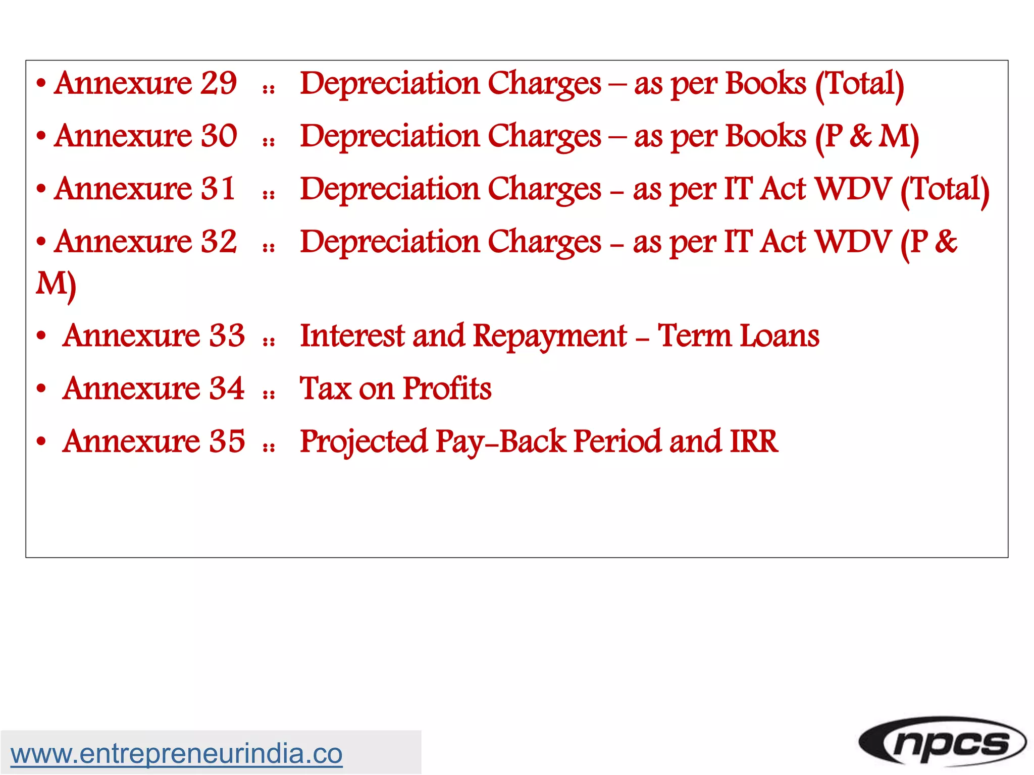 • Annexure 29 :: Depreciation Charges – as per Books (Total)
• Annexure 30 :: Depreciation Charges – as per Books (P & M)
• Annexure 31 :: Depreciation Charges - as per IT Act WDV (Total)
• Annexure 32 :: Depreciation Charges - as per IT Act WDV (P &
M)
• Annexure 33 :: Interest and Repayment - Term Loans
• Annexure 34 :: Tax on Profits
• Annexure 35 :: Projected Pay-Back Period and IRR
www.entrepreneurindia.co
 