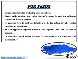www.entrepreneurindia.co
 In iron industries for producing steel and alloys
 Ferric oxide powder, also called jeweler’s ...
