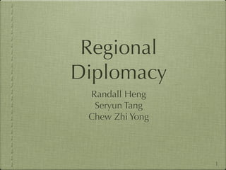Regional
Diplomacy
 Randall Heng
  Seryun Tang
 Chew Zhi Yong



                 1
 