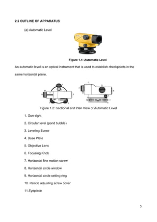  
2.2 OUTLINE OF APPARATUS 
(a) Automatic Level  
 
 
 
Figure 1.1: Automatic Level 
An automatic level is an optical instrument that is used to establish checkpoints in the 
same horizontal plane.  
 
 
 
 
 
 
 
Figure 1.2: Sectional and Plan View of Automatic Level  
 
1. Gun sight 
2. Circular level (pond bubble) 
3. Leveling Screw 
4. Base Plate 
5. Objective Lens 
6. Focusing Knob 
7. Horizontal fine motion screw 
8. Horizontal circle window 
9. Horizontal circle setting ring 
10. Reticle adjusting screw cover  
11.Eyepiece  
5 
 