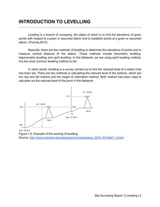 Site Surveying Report 1| Leveling | 3
INTRODUCTION TO LEVELLING
Leveling is a branch of surveying, the object of which is to find the elevations of given
points with respect to a given or assumed datum and to establish points at a given or assumed
datum. (Punmia,2015).
Basically, there are few methods of levelling to determine the elevations of points and to
measure vertical distance of the station. These methods include barometric levelling,
trigonometric levelling and spirit levelling. In this fieldwork, we are using spirit levelling method.
It is the most common levelling method so far.
In other words, levelling is a survey carried out to find the reduced level of a station that
has been set. There are two methods is calculating the reduced level of the stations, which are
the rise and fall method and the height of collimation method. Both method had been used to
calculate out the reduced level of the point in this fieldwork.
Figure 1.0: Example of the working of levelling
Source: http://www.colorado.edu/geography/courses/geog_2043_f01/lab01_4.html
 